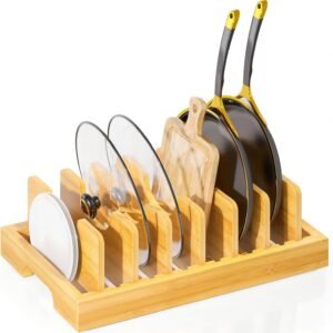 Bamboo Pot and Pan Organizer, Pot Lid Organizer Holder Rack for Countertop Drawer
