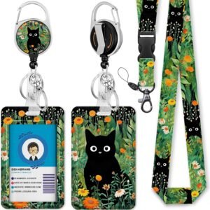 Black Cat Flower Lanyards for Id Badges, Id Badge Holder Heavy Duty and Retractable Keychain, Cute Badge Reel with 360 Degrees Rotate Carabiner Clip,