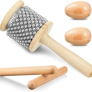 Nuanchu 5 Pcs Wooden Hand Percussion Instrument Set Mini Wooden Cabasa with Stainless Steel Breads Musical Latin Instrument Classical Wood Percussion Claves Rhythm Sticks Egg Shakers for Adult